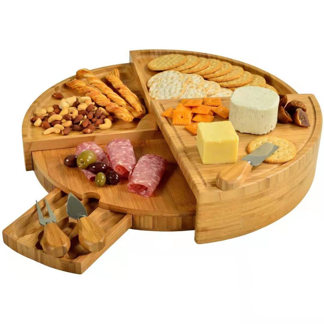 Multi-Purpose Designer & Compact - Bamboo Cheese Board, Bread, Fruit, Snack Plate with Knife & Drawer