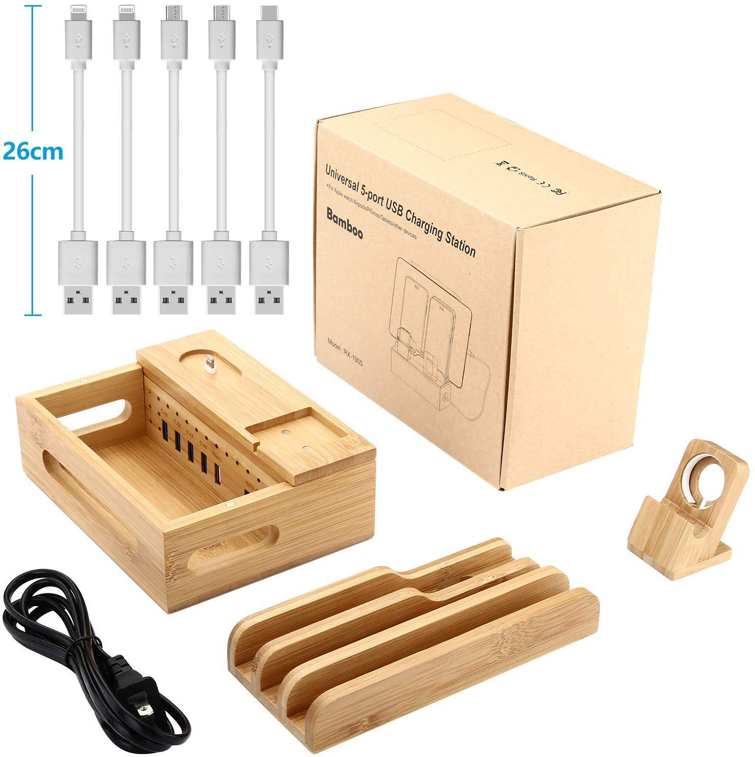 Bamboo Mobile Phone Charging Stand with 5 USB Ports