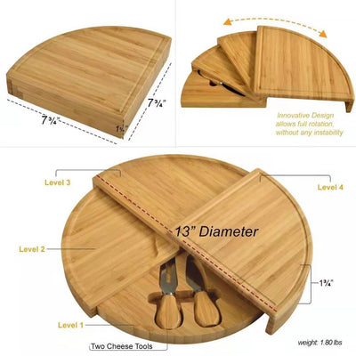 Multi-Purpose Designer & Compact - Bamboo Cheese Board, Bread, Fruit, Snack Plate with Knife & Drawer
