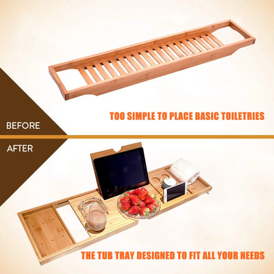 Bamboo Bathtub & Spa Caddy Tray Organizer with Nonslip Bottom and Extendable Sides