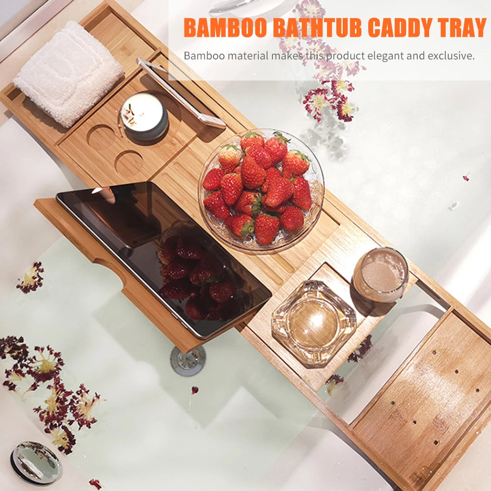 Bamboo Bathtub & Spa Caddy Tray Organizer with Nonslip Bottom and Extendable Sides