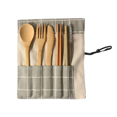 Bamboo Knife Fork Spoon ChopSticks Straw Brush & Cloth Bag Cutlery Set