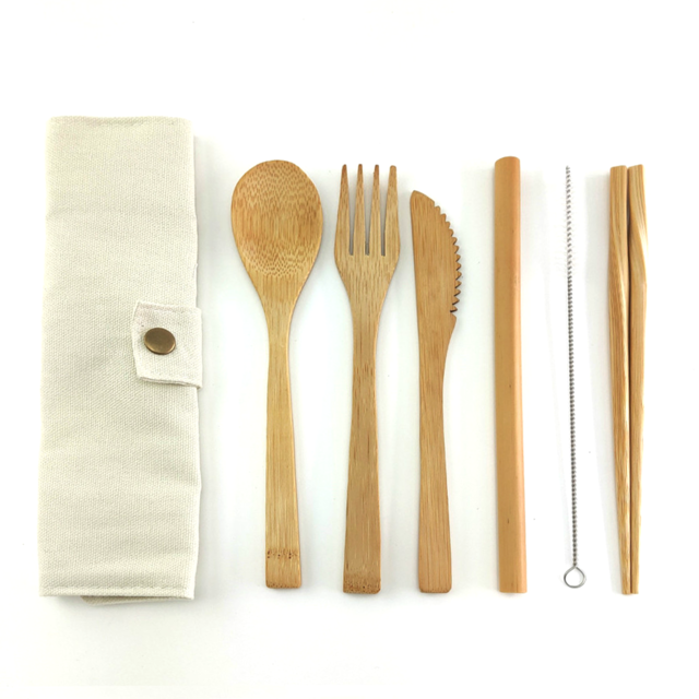 Portable Travel Bamboo Knife Fork Spoon ChopSticks Straw Brush & Pouch - 6 Piece Cutlery Set