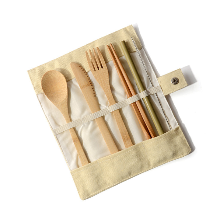 Bamboo Zero Waste Reusable Travel Cutlery Set With Pouch - Fork Spoon Knife ChopStick Straw