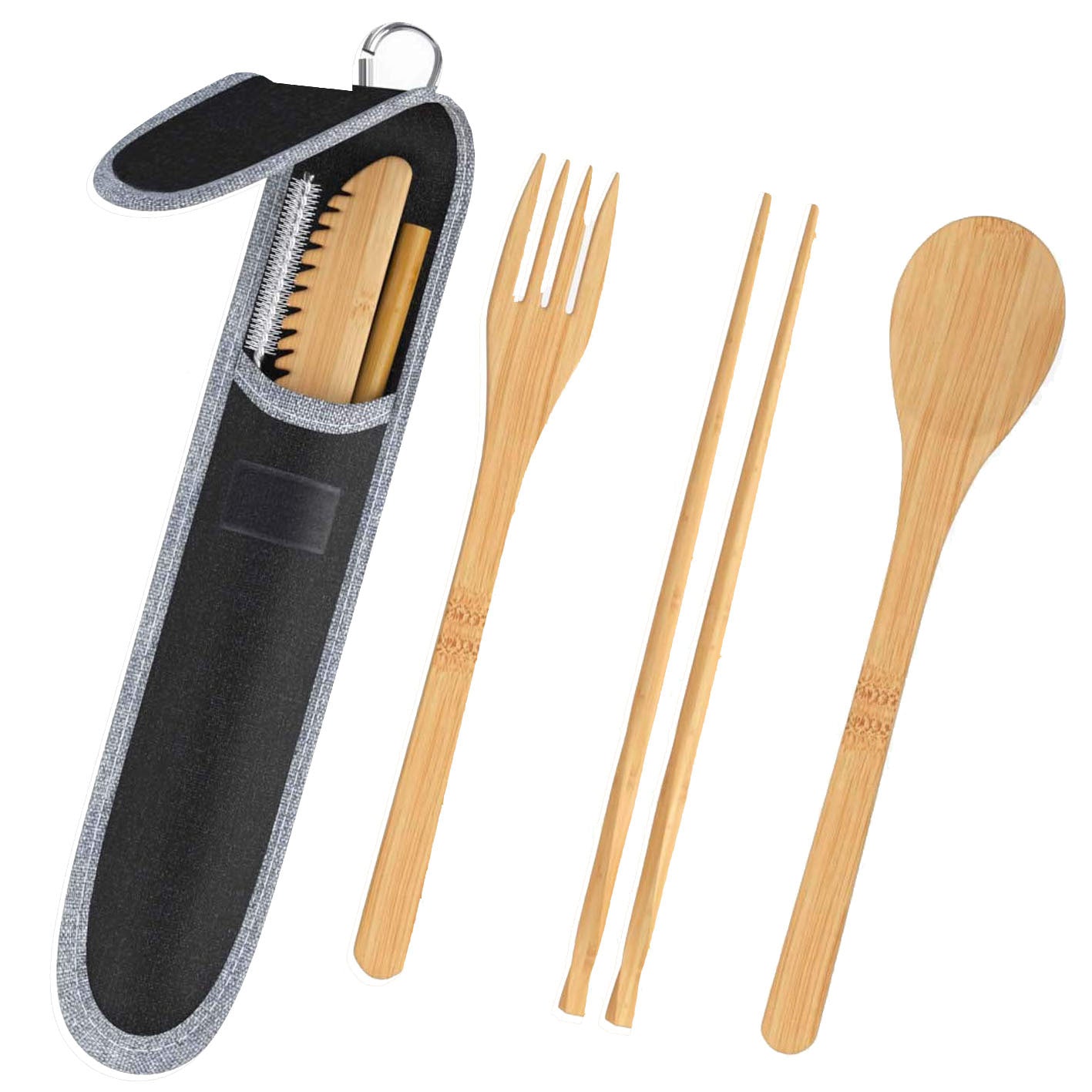 Portable Travel Bamboo Knife Fork Spoon ChopSticks Straw Brush & Pouch Cutlery Set