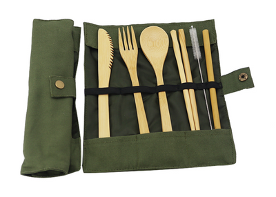 Bamboo Zero Waste Reusable Travel Cutlery Set With Pouch - Fork Spoon Knife ChopStick Straw