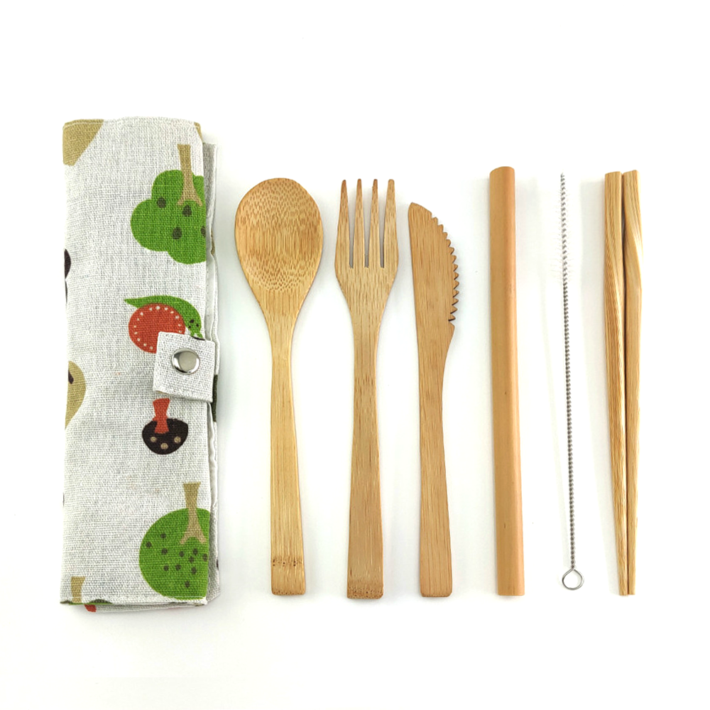 Portable Travel Bamboo Knife Fork Spoon ChopSticks Straw Brush