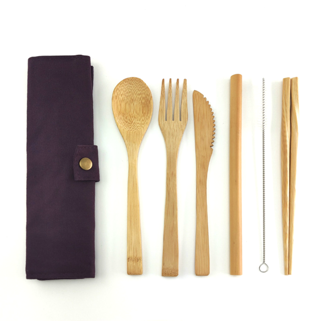 Portable Travel Bamboo Knife Fork Spoon ChopSticks Straw Brush