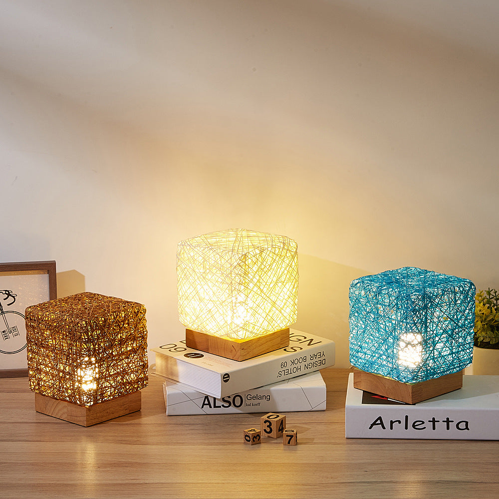 Hand-Knit Bamboo Rattan Square LED Desk Home Decor Dimmable Lamp