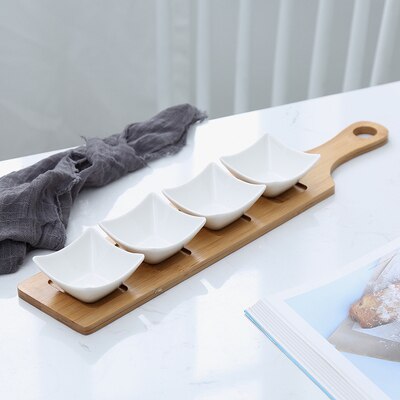 5Piece Set Creative Serving Bamboo Tray & Ceramic Plates for Snacks/Nuts/Desserts