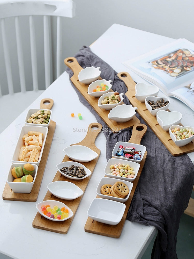 5Piece Set Creative Serving Bamboo Tray & Ceramic Plates for Snacks/Nuts/Desserts