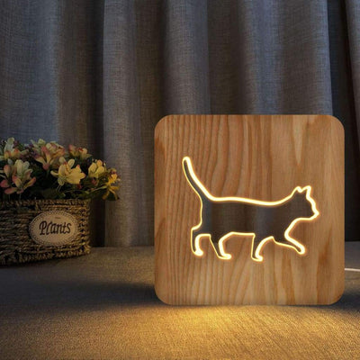3D Night Light Solid Wood Hollow Cat - Bamboo Lamp - Lamp - Natural Lamp - Wood Lamp