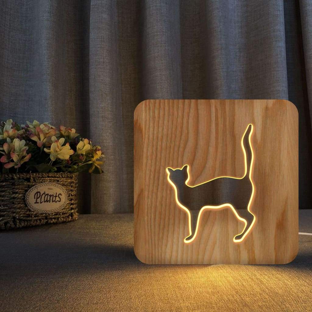 3D Night Light Solid Wood Hollow Cat - Bamboo Lamp - Lamp - Natural Lamp - Wood Lamp
