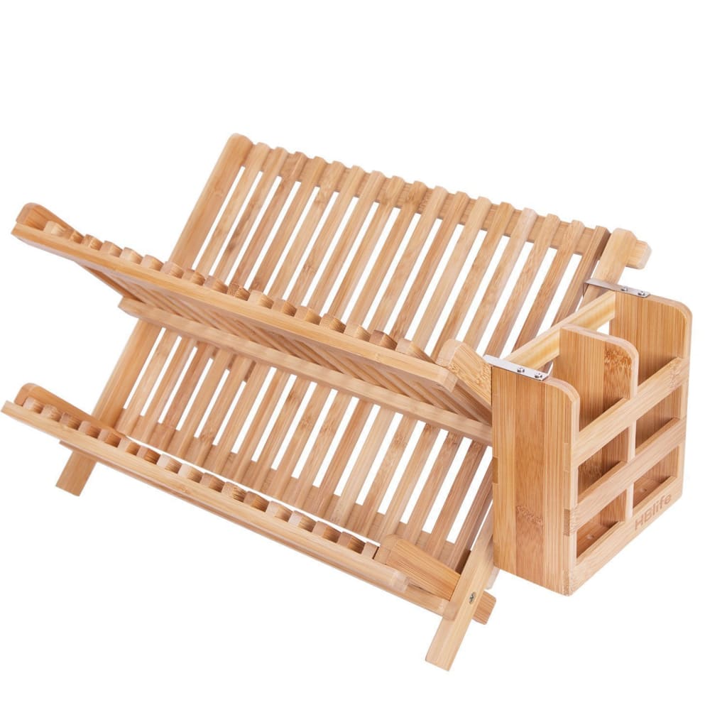 Folding Bamboo Dish Drying Rack - Wooden Kitchen Dish Rack Plate