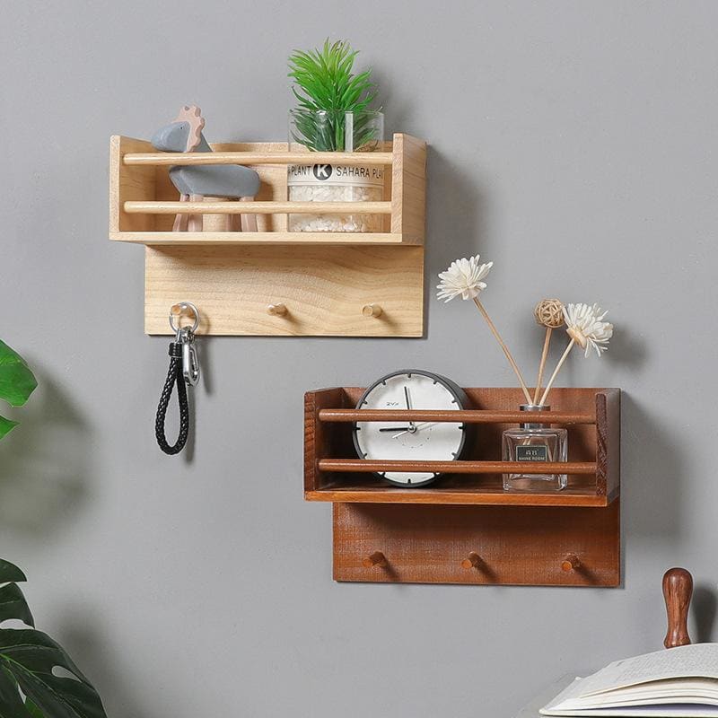 Multifunctional Retro Style Solid Wood Wall Hook Rack - Living - Wash - Wood Rack