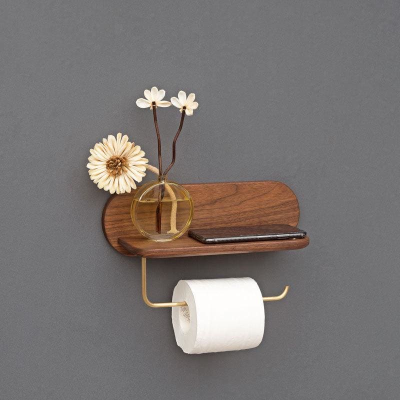 Modern Brass Toilet Paper Holder with Wooden Shelf