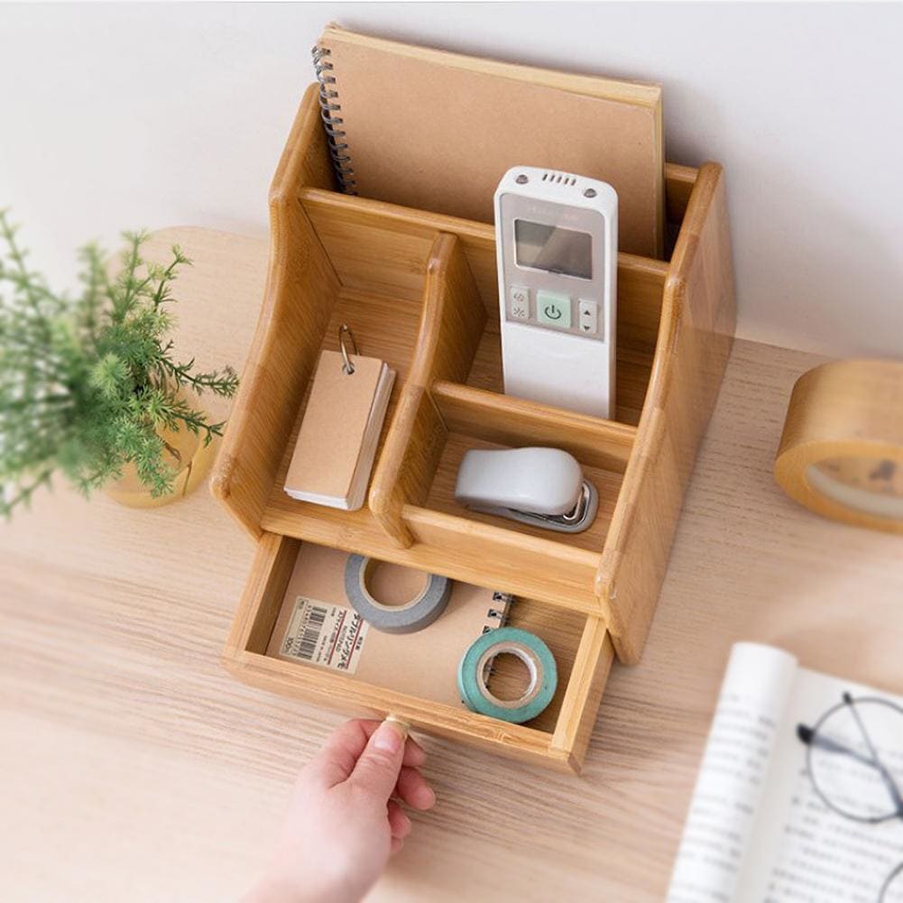 Bamboo Desk Organiser Tidy Stationery Box Holder With Drawer Home Office  Storage